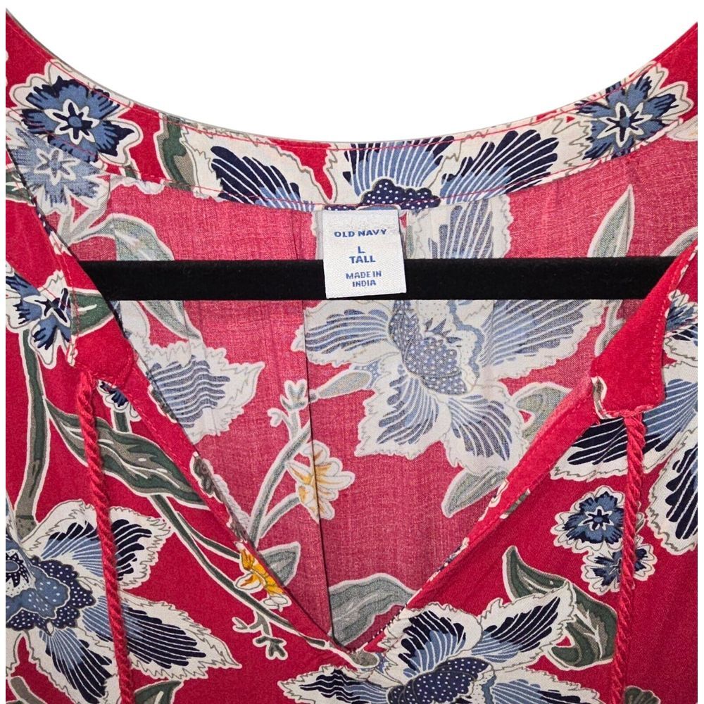 Old Navy Red Floral Boho Shift Dress Womens Large Rayon Long Sleeve VNeck Tassel - Picture 3 of 4